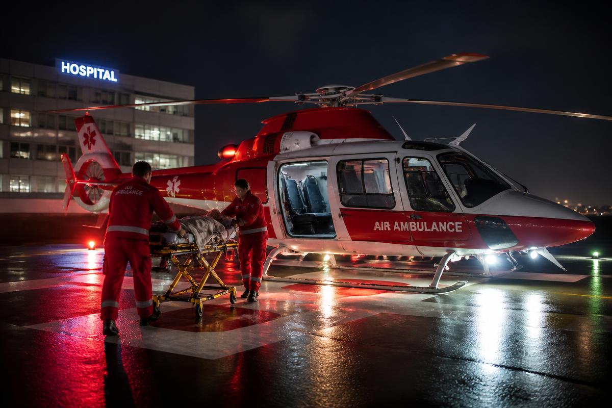 Air ambulance helicopter loading a patient on a hospital helipad at night